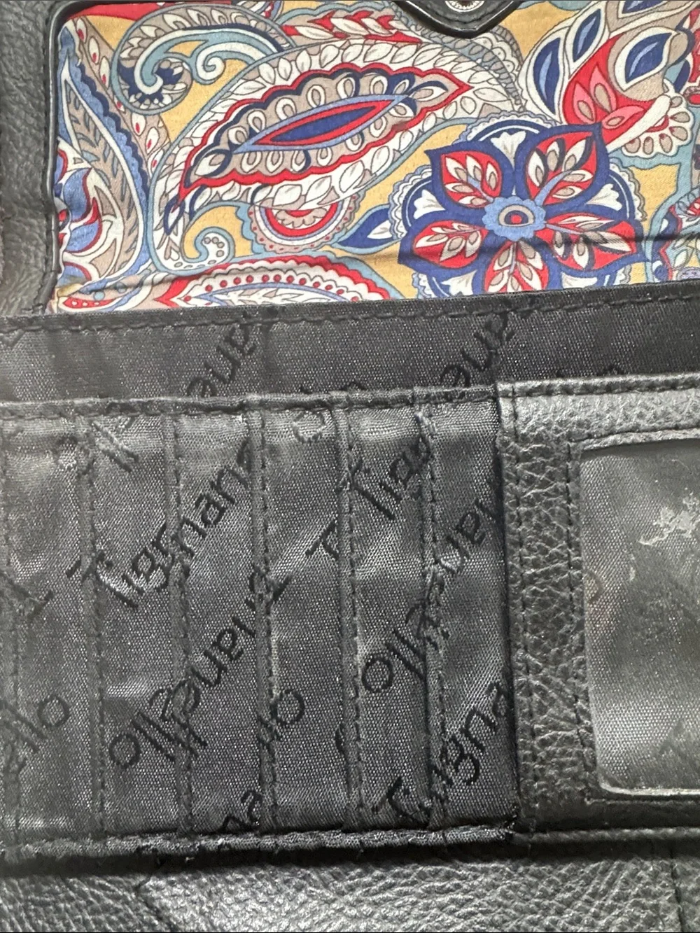 Tignanello Black Leather Trifold Wallet with White Stitching Genuine Leather